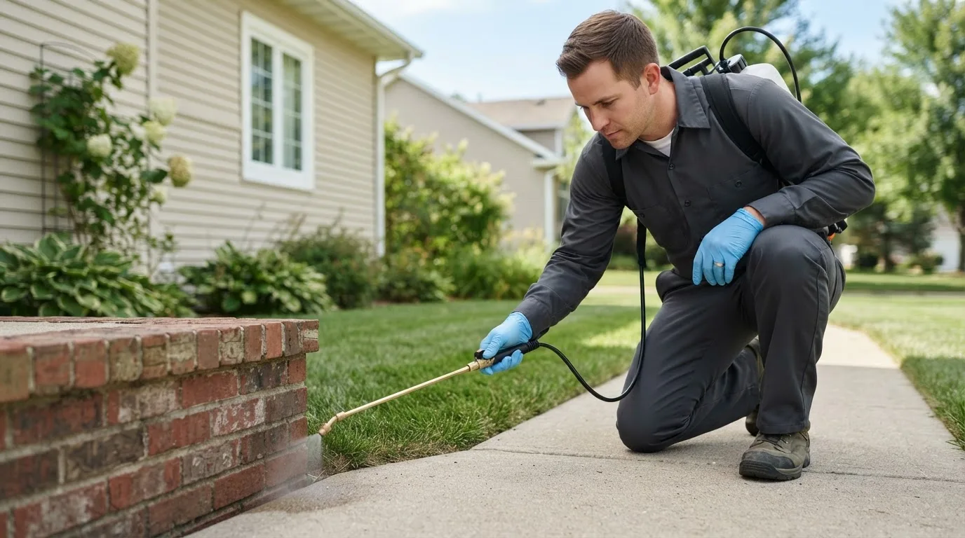 Pest control technician treating a home near Defiance, OH